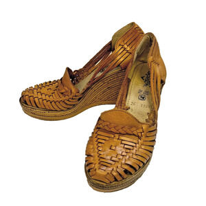 Solei Leather Wedge Sandal Womens Sz 9 Tan Mexican Artisan Huarache Hippie Boho